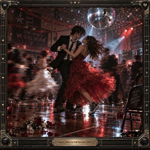 A young couple spins passionately across a crowded dance floor beneath a glittering disco ball. Crimson fabric swirls amid blurred dancers, scattered roses, and reflective flooring. Dramatic red and blue lighting creates restless energy and romantic tension. Cinematic photography captures youthful rebellion, framed by ornate guitar-inspired metalwork and an engraved plaque.