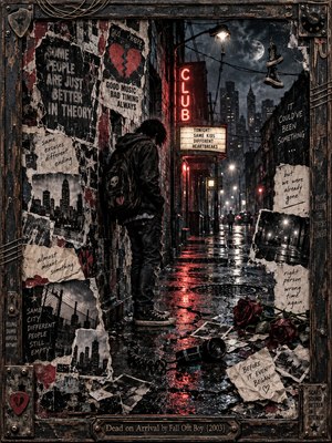 A solitary young figure stands in a rain-soaked alley beneath crimson neon, surrounded by torn posters, broken hearts, scattered photographs, and wilted roses. Moody charcoal, burgundy, and silver tones evoke heartbreak and isolation. Cinematic lighting, distressed mixed-media textures, and a weathered guitar-inspired metal frame capture early-2000s punk melancholy.