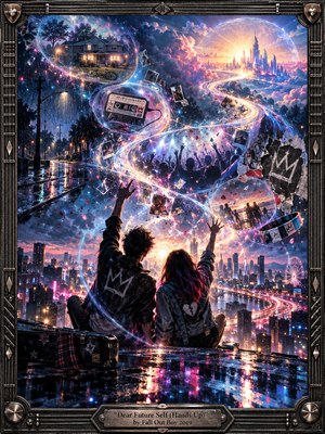 Two young figures raise their hands above a rain-slick city as a glowing S-shaped trail winds through floating memories toward a radiant futuristic skyline. Neon blues, violets, pinks, and gold illuminate concert crowds, photographs, and suburban scenes. Cinematic digital painting and a metallic guitar-inspired frame evoke defiant hope and nostalgia.
