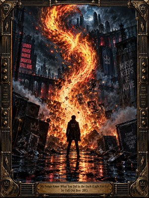 A lone figure confronts a towering phoenix-shaped firestorm amid a ruined industrial city. Blazing orange flames illuminate stormy blue-black skies, drifting debris, shattered amplifiers, and rain-soaked pavement. This dramatic digital painting captures rebellion and resurrection through cinematic lighting, explosive movement, and an ornate bronze musical frame with an engraved title plate.
