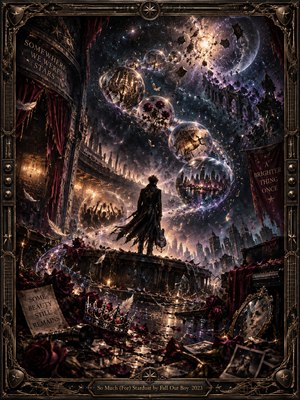 A lone guitarist stands amid a ruined theater beneath a shattered cosmic sky. Glowing memory spheres spiral through stardust above crumbling architecture, wilted roses, and scattered treasures. Deep violet, midnight blue, and antique gold create a melancholic atmosphere. Cinematic digital surrealism and an ornate metallic frame evoke faded glory and longing.