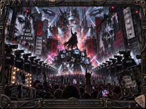 A lone performer towers above a roaring crowd in a dystopian concert metropolis, surrounded by camera-headed figures and towering propaganda screens. Crimson smoke, icy spotlights, and fractured reflections create an atmosphere of rebellion and chaos. Detailed digital surrealism fills the composition, enclosed within an industrial metal frame featuring amplifier hardware and engraved lettering.