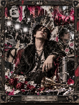 A rebellious rock star lounges beneath a tarnished crown, surrounded by flashing paparazzi, shattered mirrors, wilted roses, and nightclub crowds. Black, silver, and crimson collide with electric magenta in a gritty mixed-media collage. Dramatic lighting, torn photographs, metallic fragments, and an ornate guitar-inspired frame evoke glamorous defiance and decadent chaos.