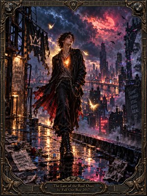 A solitary, dark-clad figure with a glowing heart strides across a rain-soaked rooftop above a sprawling neon city. Crimson clouds, golden moths, and fractured billboards heighten the defiant, romantic atmosphere. Electric blues and magentas shimmer in puddles, while an ornate bronze guitar-inspired frame with an engraved title plate surrounds the cinematic digital painting.