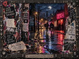 Two young figures race down a rain-soaked city street toward a glowing nightclub beneath a full moon. Crimson and magenta neon shimmer across puddles, while torn concert posters, handwritten scraps, and graffiti evoke restless youthful rebellion. A distressed metal frame featuring guitar strings, picks, and amplifier knobs completes the gritty, nostalgic mixed-media artwork.