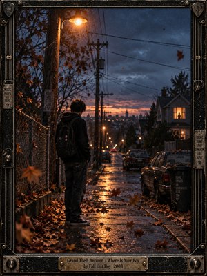 A solitary young figure stands on a rain-soaked autumn sidewalk beneath an amber streetlamp, gazing toward distant suburban houses. Windblown leaves, tangled power lines, and glowing windows evoke longing and isolation. Moody blue twilight contrasts with warm reflections, while cinematic film grain and a weathered guitar-themed metal frame reinforce nostalgic melancholy.