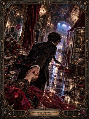 A dark-suited figure pulls a companion through a decadent, crumbling hall toward distant stadium lights. Shattered mirrors, wilted roses, scattered playing cards, and tarnished trophies suggest reckless romance and regret. Burgundy drapery, golden chandeliers, and icy blue reflections intensify the cinematic atmosphere, framed by ornate, guitar-inspired metalwork.