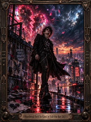 A defiant young rocker stands on a rain-soaked rooftop overlooking a glowing city beneath stormy skies. A shattered neon heart blazes overhead, casting crimson and magenta reflections across the pavement. This cinematic digital painting combines rebellious energy, bittersweet triumph, dramatic lighting, swirling fragments, and an ornate industrial metal frame.
