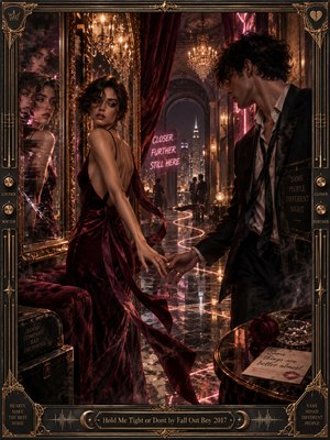 In a lavish, neon-lit corridor, a woman in burgundy velvet turns toward a shadowed man as their fingertips nearly meet. Fractured mirrors, golden chandeliers, and distant city lights deepen the romantic tension. Rose-pink reflections shimmer across marble floors, while an ornate brass frame completes the cinematic digital artwork.