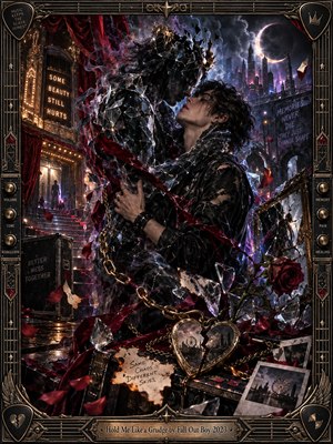 A darkly romantic digital artwork depicts a young man embracing a shadowy, shattered figure beneath an eclipsed moon. Crimson ribbons, broken mirrors, golden chains, and roses surround them amid a gothic cityscape. Dramatic violet lighting, smoky textures, and an ornate metallic guitar-inspired frame evoke passionate longing, emotional conflict, and fractured memories.
