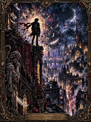 A lone figure stands on a ruined Gothic rooftop above a misty, illuminated city. A shattered stained-glass halo glows behind them beneath stormy indigo skies. Red petals and white feathers swirl past a mourning stone angel. Cinematic golden lighting and an ornate bronze frame lend this detailed digital painting melancholy grandeur.