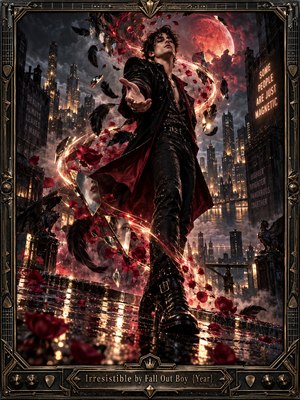 A charismatic rockstar extends his hand from a rain-soaked rooftop beneath a blood-red moon. Rose petals, black feathers, mirrored shards, and golden ribbons swirl around him as illuminated towers pierce storm clouds. Rich crimson and bronze lighting heightens the seductive danger of this cinematic digital artwork, bordered by ornate metalwork.