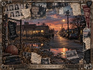 A deserted suburban street stretches toward a fiery dusk beneath glowing streetlights, its puddles reflecting amber and violet clouds. Empty swings, yearbook portraits, handwritten notes, and torn photographs evoke fractured youth and fading dreams. Distressed collage textures, shadowy figures, and a riveted guitar-string frame deepen the bittersweet, nostalgic atmosphere.