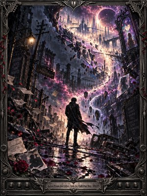 A lone figure faces a shattered celestial city above rain-soaked ruins, surrounded by swirling debris, drifting letters, and crimson roses. Electric violet, midnight blue, and golden light illuminate fractured architecture and cosmic skies. Intricate digital surrealism creates a haunting atmosphere of longing, defiance, and hope, enclosed within ornate gothic metalwork.