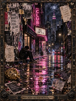 A solitary figure sits beneath a glowing neon club sign on a rain-soaked city street, surrounded by torn posters, confetti, and abandoned party remnants. Pink and violet reflections shimmer across puddles beneath a moonlit skyline. Layered mixed-media textures, distressed surfaces, and an ornate metallic frame evoke bittersweet nostalgia and loneliness.