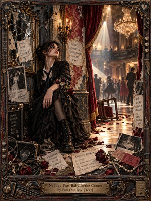 A defiant young woman in dark formalwear sits beside a cracked mirror in a decaying ballroom, watching dancers beneath a glowing chandelier. Crimson curtains, scattered roses, torn notes, and vintage photographs evoke romantic rebellion. Warm golden light pierces deep shadows across a richly layered collage, enclosed by ornate guitar-inspired metalwork.