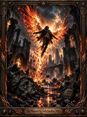 A defiant figure ascends above a shattered gothic city, surrounded by blazing phoenix wings and swirling embers. Fiery orange and gold illuminate stormy charcoal skies, crumbling arches, and scattered rubble. Dramatic digital artistry captures explosive rebirth and resilience, enclosed within an ornate metallic frame featuring musical details and an engraved title plate.