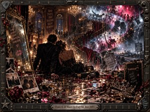 A weary couple sits amid shattered champagne glasses, scattered photographs, and fading roses in a lavish ballroom after the party. Golden chandeliers illuminate smoky shadows, while electric pink memories of dancing crowds dissolve above a sweeping staircase. An ornate guitar-inspired metal frame encloses this bittersweet, cinematic digital composition.
