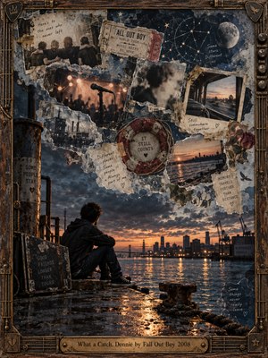 A solitary young man sits beside a twilight harbor, surrounded by floating fragments of photographs, concert memories, and handwritten notes. Deep blues and weathered gold frame the melancholy scene, while sunset reflections illuminate dark water. Layered collage textures, nostalgic symbolism, and ornate musical framing evoke friendship, loss, and enduring connection.