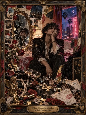 A weary, glitter-clad figure slumps in a chaotic motel room, surrounded by shattered glass, fading roses, scattered pearls, and gilded debris. A cracked mirror reflects fractured identity while pink neon illuminates a midnight skyline. Rich crimson, black, and tarnished gold give this intricate mixed-media collage a glamorous, melancholy atmosphere.