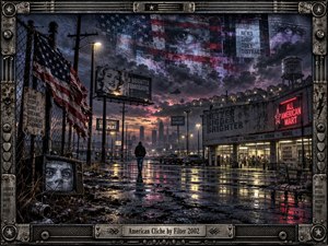 A lone figure walks through a rain-soaked American commercial wasteland beneath stormy skies, torn flags, glowing storefronts, billboards, and surveillance imagery. Dark blues, grays, red neon, and wet reflections create an uneasy industrial mood. The cinematic digital artwork uses gritty detail, dramatic lighting, and a distressed metal frame.