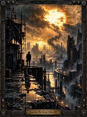 A lone figure stands above a sprawling industrial city as a colossal sun burns through turbulent smoke and storm clouds. Amber light reflects across wet rooftops, bridges, and steel structures, contrasting with deep charcoal shadows. The cinematic digital artwork feels apocalyptic, exhausted, and defiant, enclosed by a rugged mechanical frame.
