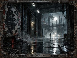 A lone figure walks through a rain-soaked industrial corridor toward a distant white glow, surrounded by steel towers, smoke, hanging cables, and fractured reflections. Cold blue-gray tones, rust accents, harsh fluorescent light, wet pavement, and distressed metal framing create a tense, isolated, cinematic digital atmosphere.