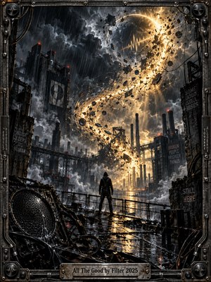 A lone hooded figure stands on a rain-soaked industrial platform beneath a violent golden energy vortex. Dark factories, smokestacks, cables, debris, and storm clouds surround the scene, while warm light breaks through cold gray shadows. The detailed digital artwork blends dystopian tension, cinematic lighting, metallic textures, and defiant hope.