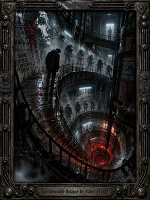 A lone figure stands on a wet industrial walkway spiraling into a glowing red abyss, surrounded by ghostlike silhouettes, corroded machinery, and cold concrete. Steel blue and charcoal tones clash with crimson light, creating a haunted, compulsive mood. Cinematic digital painting, glitch textures, mist, cables, and a rugged metal frame intensify the descent.