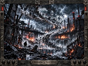 A lone figure stands amid a collapsing industrial wasteland as twisted steel and shattered structures spiral into a violent vortex. Storm clouds, lightning, fire, smoke, and glowing embers create an apocalyptic mood. Dark metallic tones contrast with orange flames, while cinematic digital realism emphasizes destruction, isolation, tension, and overwhelming mechanical chaos.