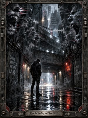 A solitary man stands beneath a rain-soaked industrial overpass as ghostly screaming faces, speakers, cables, and static distortions crowd the walls above him. Cold gray towers rise beyond the tunnel, pierced by harsh white and red light. Gritty digital surrealism, reflective pavement, smoke, and a riveted metal frame create tense urban isolation.