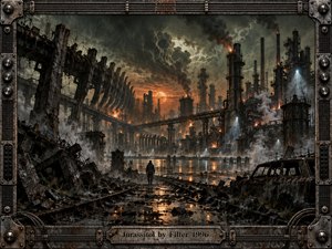 A lone figure crosses a flooded industrial wasteland beneath a smoky orange sunset, surrounded by ruined concrete, rusted towers, burning refineries, and twisted machinery. Cold spotlights pierce the haze while reflections shimmer across black water. The highly detailed, dark cinematic painting conveys decay, isolation, menace, and relentless mechanical power.