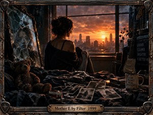 A solitary woman sits on a rumpled bed in a dark industrial room, staring toward a glowing city sunset. Cracked glass, faded photographs, a worn teddy bear, scattered pills, guitar gear, and distressed metal details create a tense, introspective mood. Warm orange light contrasts with deep charcoal shadows and cinematic realism.