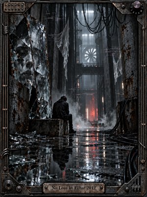 A solitary figure sits in a ruined industrial corridor, surrounded by fractured mirrors, hanging cables, wet concrete, and cold machinery. Steel gray tones, black shadows, and distant red light create isolation and tension. Cinematic photographic realism, reflective puddles, drifting steam, and distressed metal framing intensify the bleak, fractured atmosphere.