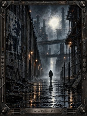 A lone figure walks through a rain-soaked industrial corridor beneath towering factories, bridges, cables, and drifting steam. Cold blue-gray tones, black steel, rust, and small amber lights create a bleak, introspective mood. Wet pavement mirrors the distant white orb, while a weathered mechanical frame reinforces the gritty cinematic digital style.