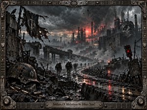 A bleak industrial wasteland stretches beneath storm clouds as weary soldiers move through flooded ruins toward a burning factory skyline. Charcoal grays, blackened steel, and glowing red-orange fires create a tense, apocalyptic mood. Detailed metallic framing, broken machinery, smoke, reflections, and battlefield debris reinforce the grim, cinematic atmosphere.