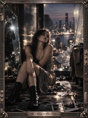 A solitary woman in a shimmering dark dress sits beside a fractured mirror in a dim high-rise room overlooking a glowing city. Cool blue-gray night tones mix with warm reflections, scattered photographs, broken glass, and soft window light, creating a cinematic mood of vulnerability, memory, isolation, and emotional aftermath.