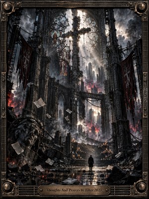 A lone figure stands within a ruined cathedral-industrial cityscape, surrounded by shattered stone, drifting papers, candles, smoke, and distant fire. Towering arches frame a broken cross and fragmented stained glass under harsh shafts of pale light. Charcoal, bronze, gray, and red tones create a bleak, cinematic digital atmosphere.