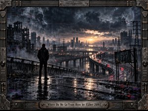 A lone figure stands on a rain-soaked overpass above a sprawling industrial city, facing a twisting highway toward a pale sunrise. Storm clouds, steel towers, red taillights, and ghostly fractured faces create a tense, uncertain mood. The cinematic digital artwork blends dystopian realism, glitch textures, wet reflections, and weathered metal framing.
