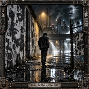A solitary figure walks through a rain-soaked industrial alley beneath smokestacks, concrete walls, and tangled fencing. Cold black, gray, and white tones dominate, cut by amber streetlights and harsh reflections in puddles. Glitch-like faces hover in the darkness, creating a tense, alienated, cinematic atmosphere framed by distressed metal hardware.