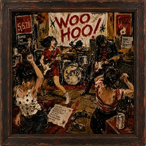 A riotous garage-rock celebration erupts inside a gritty vintage club, where blazing guitars, pounding drums, and fearless dancers collide beneath the hand-painted Woo Hoo! banner. Distressed wood framing deepens the rebellious mood, while bold reds, blacks, and creams capture raw rhythm, motion, attitude, and unstoppable retro energy all night long.