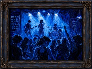 Electric blue spotlights ignite a packed underground club as the band drives the crowd into motion. Thick, expressive brushwork captures pounding drums, dancing silhouettes, and raw garage-rock energy. A distressed dark-wood frame with antique bronze detailing completes the piece, balancing rebellious excitement with a cool, midnight melancholy.