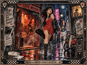 A rebellious young woman strides through a rain-soaked neon alley outside a smoky live-music club, framed by retro rockabilly details. Cherry red, black, chrome, amber, and electric pink dominate the scene, while wet reflections intensify the nightlife glow. Textured mixed-media brushwork, torn posters, a vintage scooter, spilled milk, and a distant maternal silhouette deepen the wild, defiant mood.
