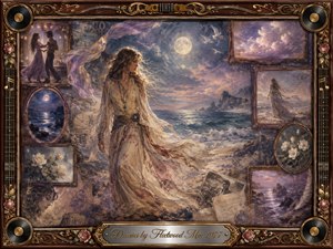 A wistful woman in a flowing vintage dress stands beside a moonlit sea, surrounded by faded framed memories, roses, photographs, and dreamlike coastal scenes. Soft lavender, blue, cream, and rose tones glow beneath silvery moonlight. Painterly textures, ornate rosewood-and-gold framing, vinyl records, and musical details create a romantic, nostalgic atmosphere.