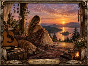 A serene woman sits on a rustic lakeside porch at sunset, wrapped in patterned textiles beside a sleeping dog and acoustic guitar. Warm amber light bathes distant mountains, reflective water, plants, books, records, lanterns, feathers, and celestial ornaments. The richly detailed bohemian scene feels nostalgic, mystical, handcrafted, and dreamlike.
