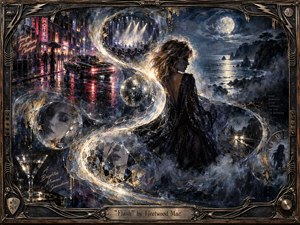 A solitary woman stands within a luminous S-shaped current linking neon nightlife, a rain-slicked street, distant concert lights, and a moonlit rocky coast. Deep blues, black, silver, and gold create a reflective, dreamlike mood, while fractured memory spheres, mirrored surfaces, soft haze, and an ornate metallic frame enrich the handcrafted composition.