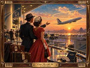 A stylish mid-century couple overlooks a glowing airport terrace as a jet climbs into a golden sunset above a distant coastal city. Rich reds, navy, bronze, and amber create a romantic, adventurous mood. Detailed luggage, champagne glasses, polished rails, vintage fashion, and an ornate aviation-themed frame evoke elegant 1950s travel.