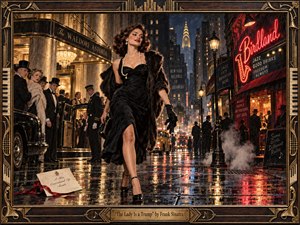 A confident woman in a black evening gown strides through rain-slicked mid-century Manhattan, leaving a grand hotel for a glowing jazz club. Warm gold, crimson neon, and deep blue shadows create a glamorous, rebellious mood. Painterly realism, reflective pavement, vintage cars, steam, and an ornate musical frame enrich the cinematic composition.