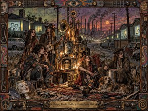 A ragged counterculture group gathers around a glowing junkyard altar on a decaying suburban street, framed by factories, smoke, telephone poles, and fading homes. Warm amber lamps cut through purple dusk, revealing rust, broken electronics, battered instruments, worn clothing, and surreal faces in a dense, rebellious mixed-media tableau.