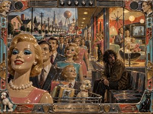 A surreal 1960s suburban street fills with glossy plastic families, pastel houses, storefront displays, vintage cars, and artificial smiles. Warm commercial lighting contrasts with a dark, weary outsider seated beside the procession. Rich resin-like surfaces, retro colors, reflective details, and satirical handcrafted textures create an unsettling mood of conformity and manufactured cheer.